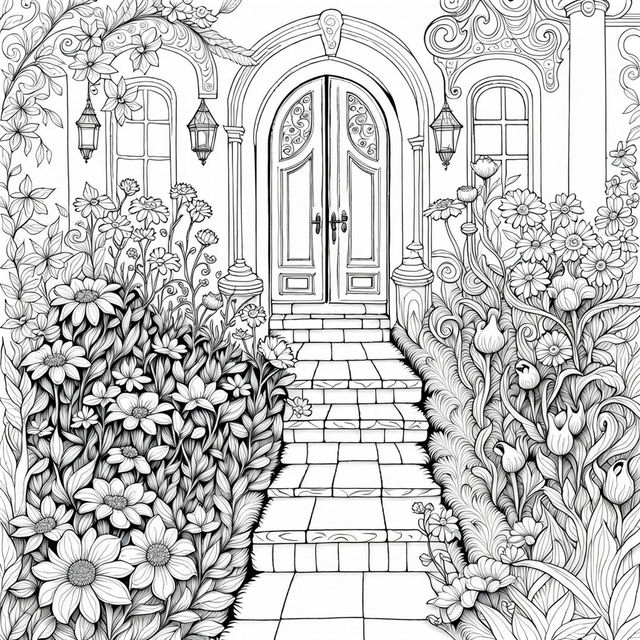 A stunning white ink drawing coloring page of whimsical magnificent fantasy garden fairy