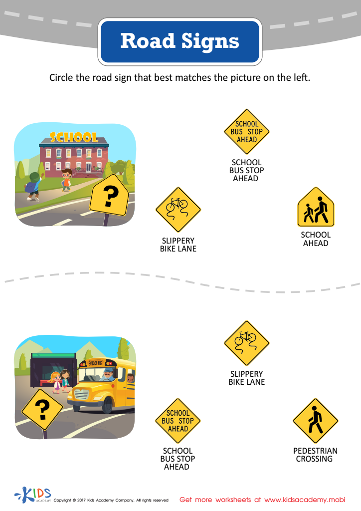 Road signs part worksheet printable pdf for kids