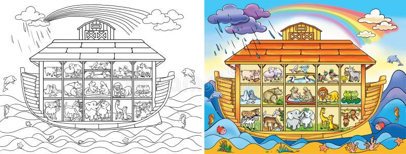 Noah ark and animals pairs of beasts rescue from flood big ancient ship from bible biblical ark stock illustration