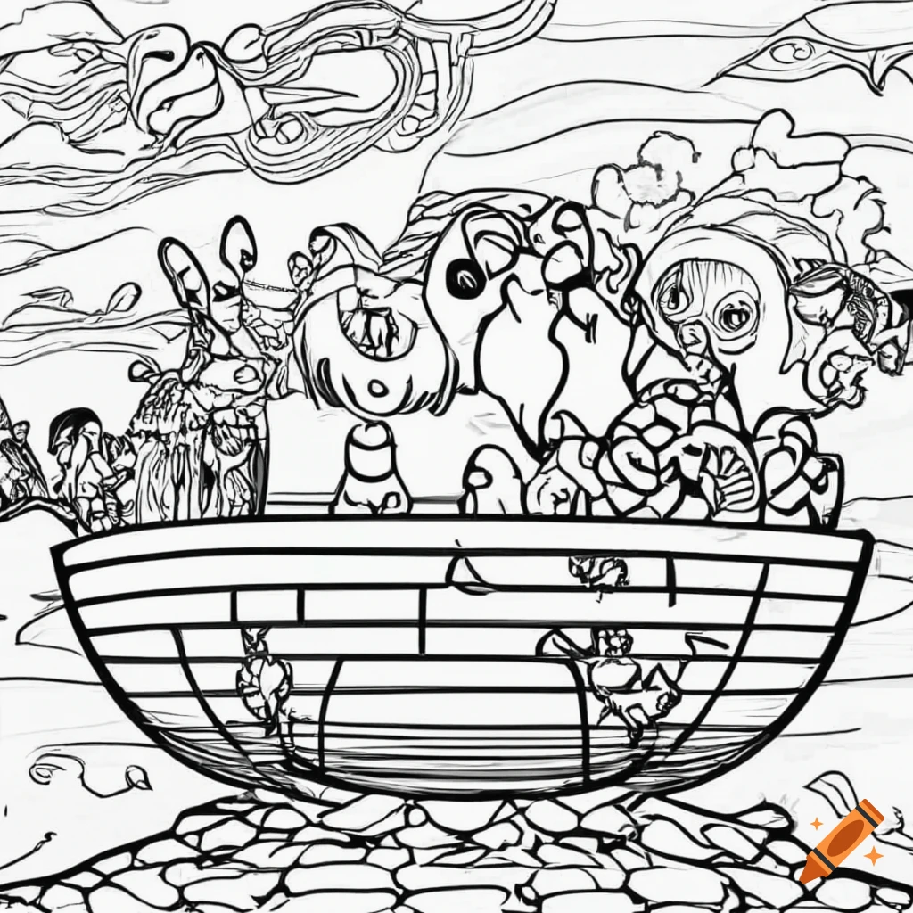 Kids coloring page in black and white line drawing no shading of noahs ark in a fun look on