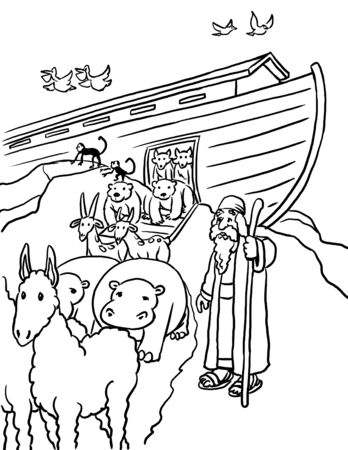 Coloring page of noah and animals at ark stock photo picture and royalty free image image