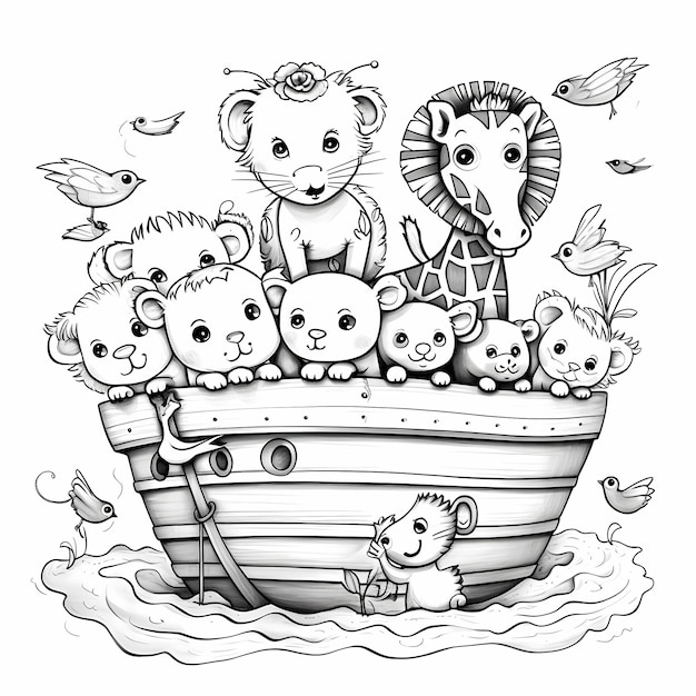 Premium ai image kids illustrations cute noah ark and animals coloring page