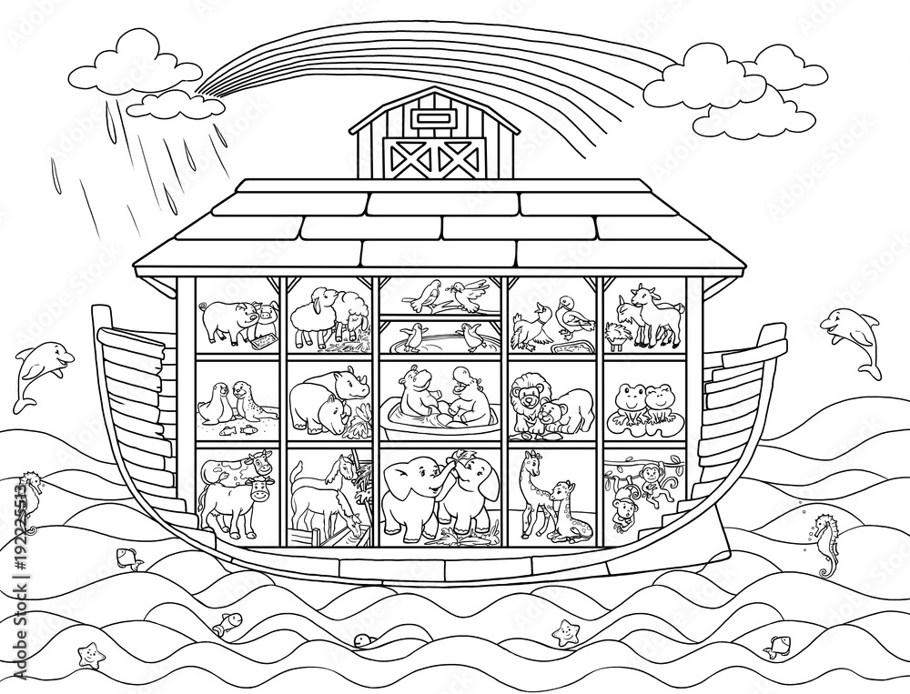 Ark of noah in a cut with pairs of animals coloring illustration