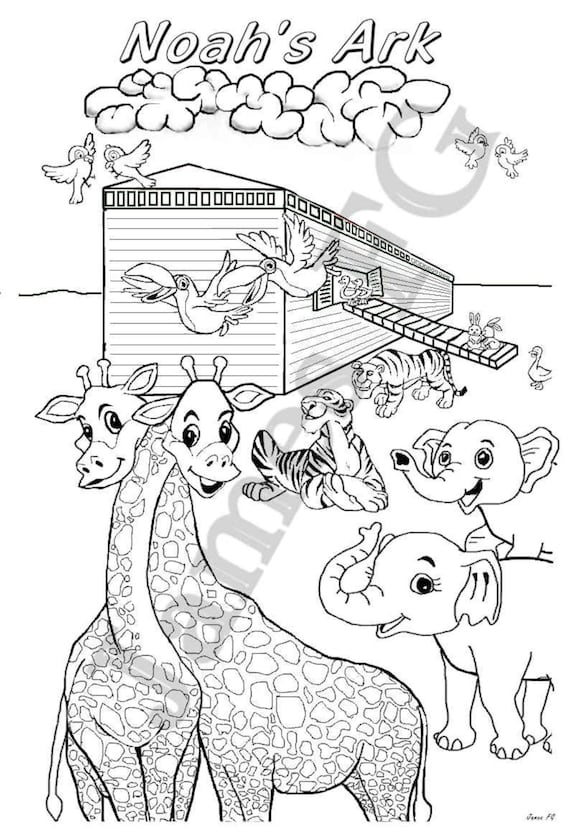 Childrens coloring picture of noahs ark with animals instant download