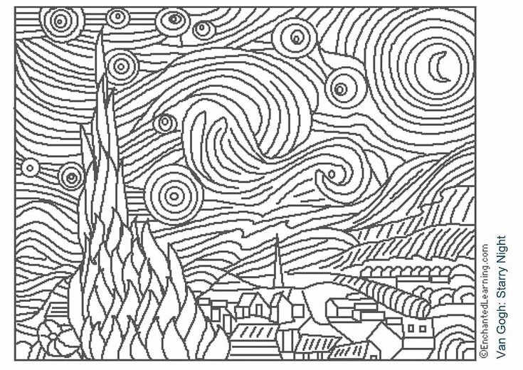 Starry night coloring page unique starry night coloring page free coloring pages cuadros famosos ilustraciones famosas van gogh noche estrellada