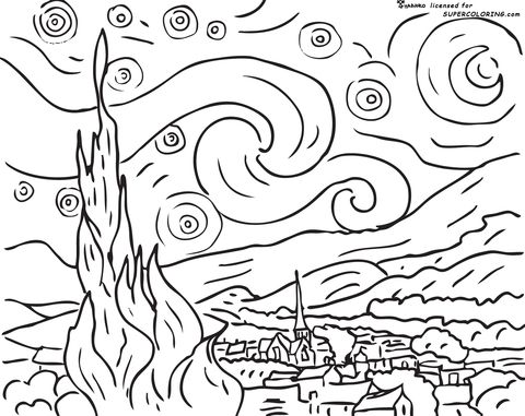 Starry night by vincent van gogh coloring page free printable coloring pages desenhos van gogh noite estrelada van gogh arte famosa