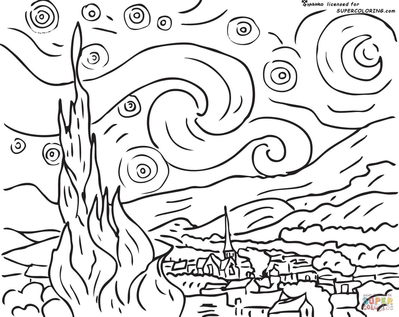 Starry night by vincent van gogh coloring page free printable coloring pages desenhos van gogh noite estrelada van gogh arte famosa