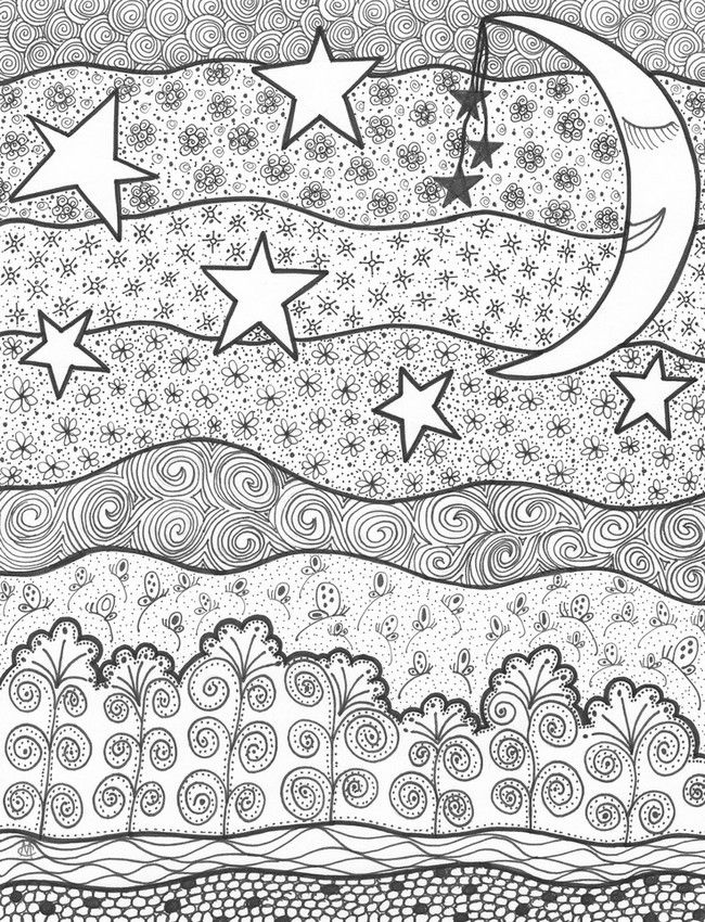 Dibujo para colorear relajante sollunaestrellas noche estrellada