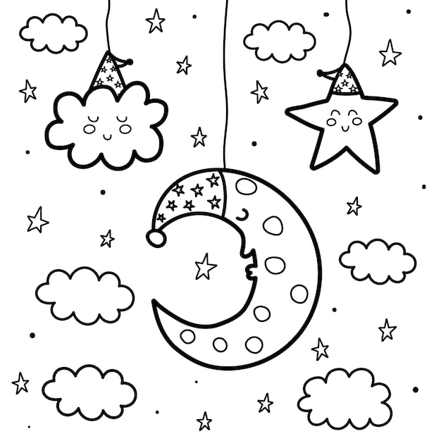 Dormir luna y trella en la noche pãgina para colorear dulc sueãos tarjeta en blanco y negro ilustraciãn de fantasãa de contorno vector premium