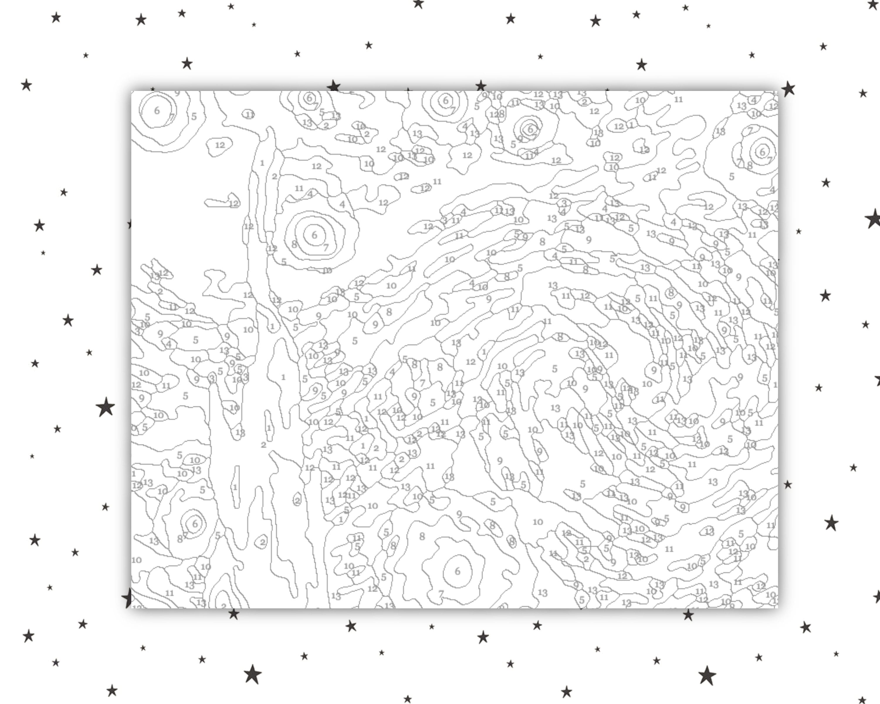 Pintura por nãºmeros noche estrellada de van gogh kit de actividades para adultos imprimible color avanzado por nãºmeros decoraciãn del hogar diy diseão mejorado