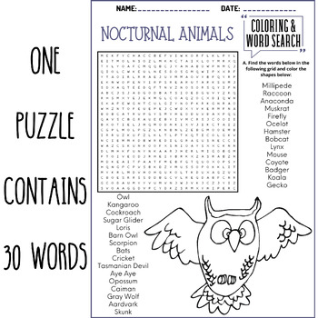 Nocturnal animals coloring word search puzzle worksheets activities