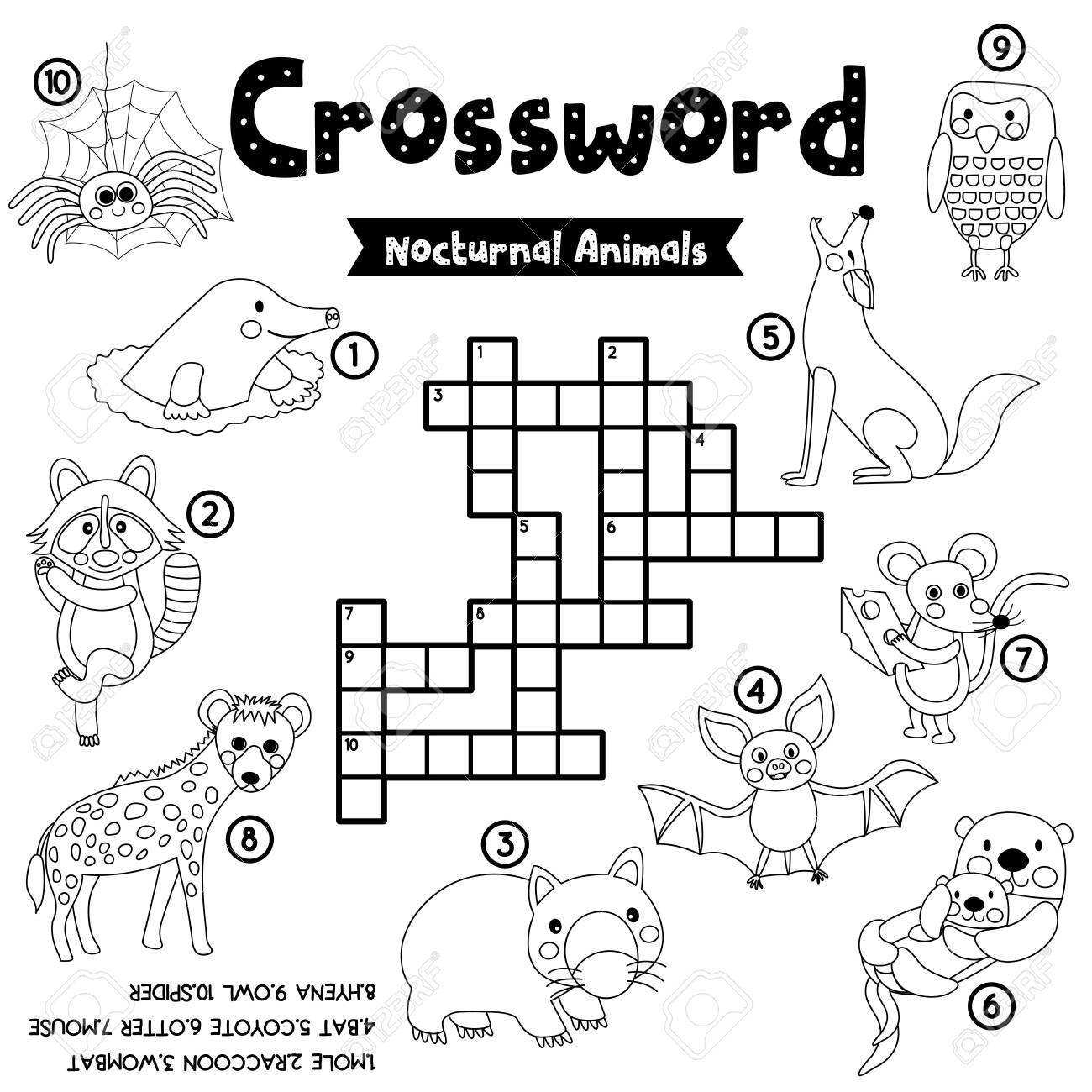 Crosswords puzzle game of nocturnal animals for preschool kids activity worksheet coloring printable version vector illustration royalty free svg cliparts vectors and stock illustration image