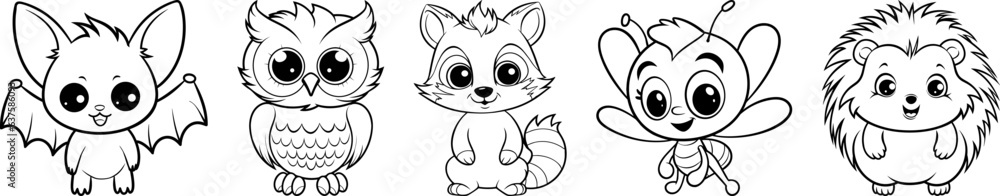 Nocturnal animals friendly cartoon characters collection bat owl raccoon firefly and hedgehog animal friends black outline coloring book vector illustrations vector