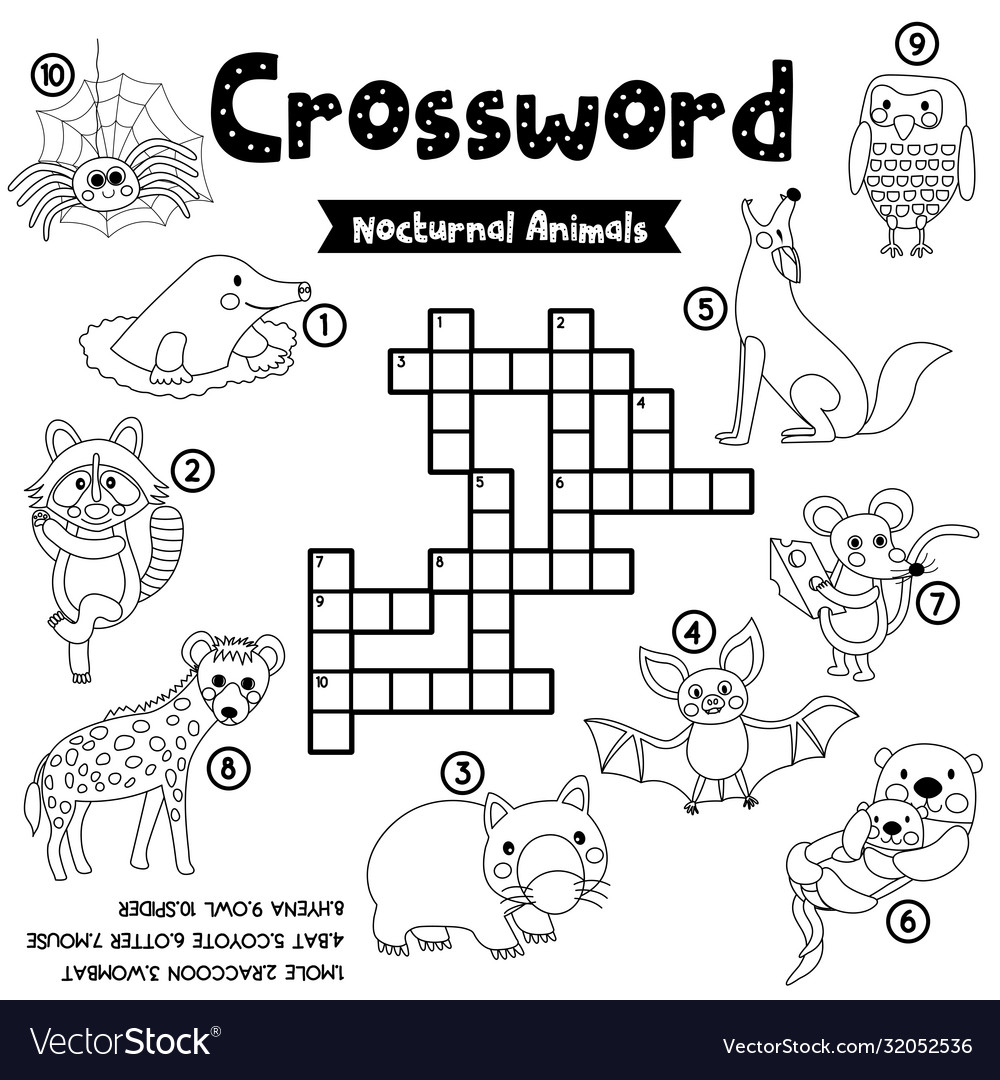 Crossword puzzle nocturnal animals coloring vector image