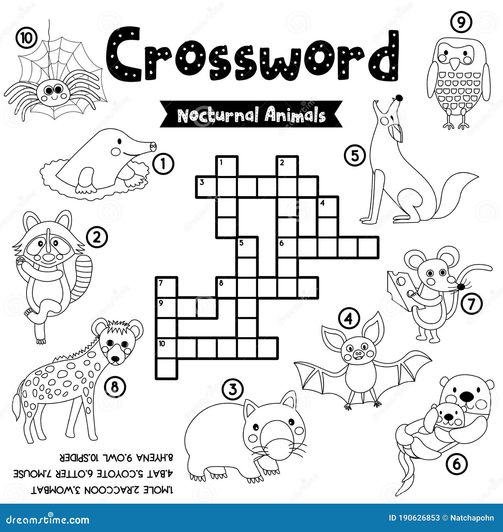 Crossword puzzle nocturnal animals coloring version stock vector