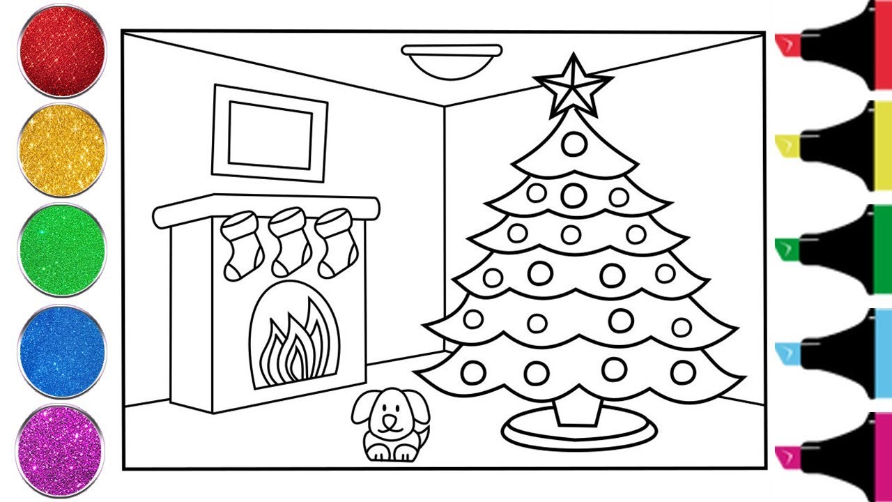 Glitter christmas tree coloring and drawing for kids