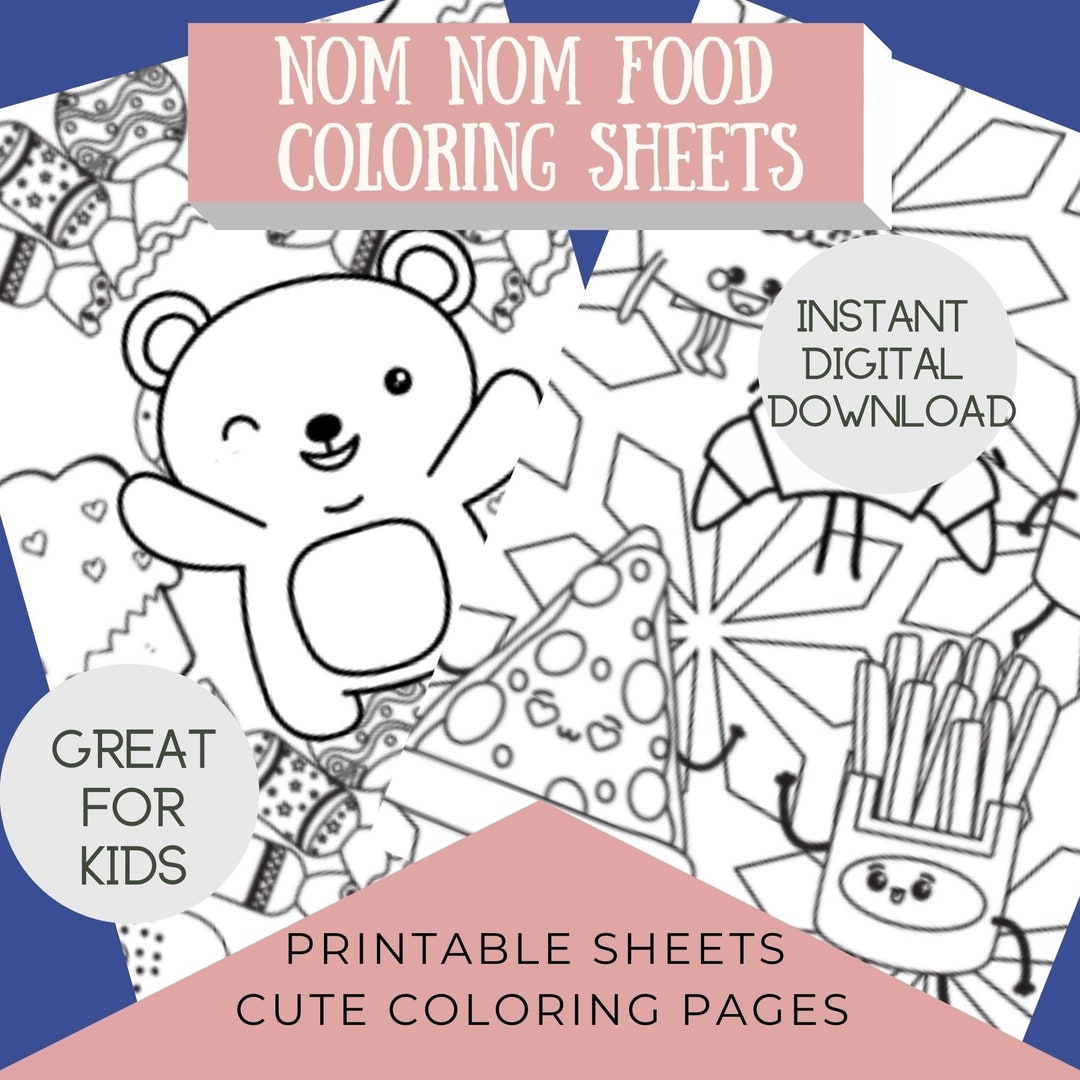 Food themed printable coloring sheets for kids cute food kawaii nom nom colouring pages make a fun activity for kids instant download pdf