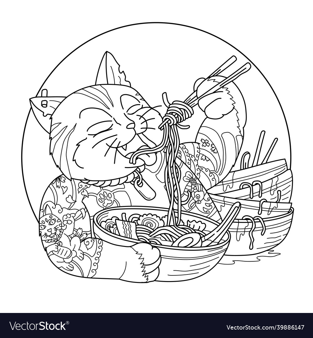 Ramen noodle cat coloring page royalty free vector image