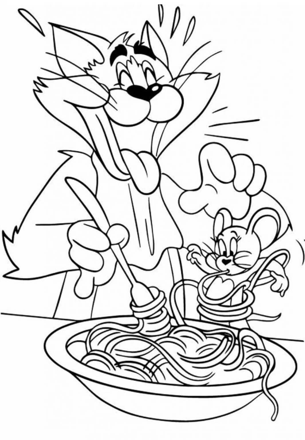 Tom and jerry eating noodle coloring page