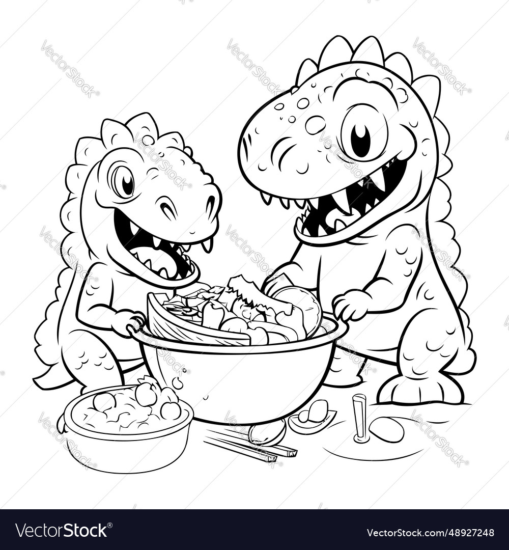 Cartoon dinosaurs eating noodle coloring book vector image