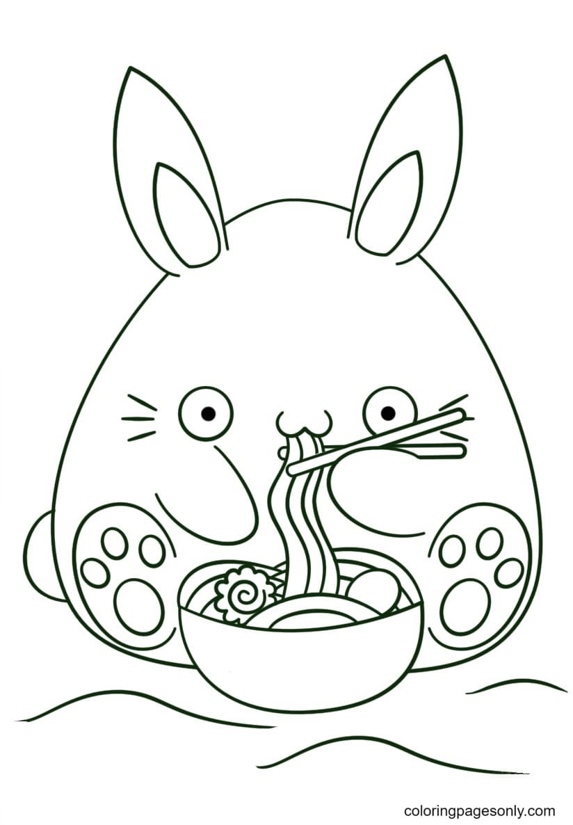 Kawaii bunnies eats noodle coloring page