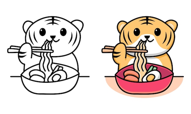 Premium vector cute tiger eating noodle coloring page for kids