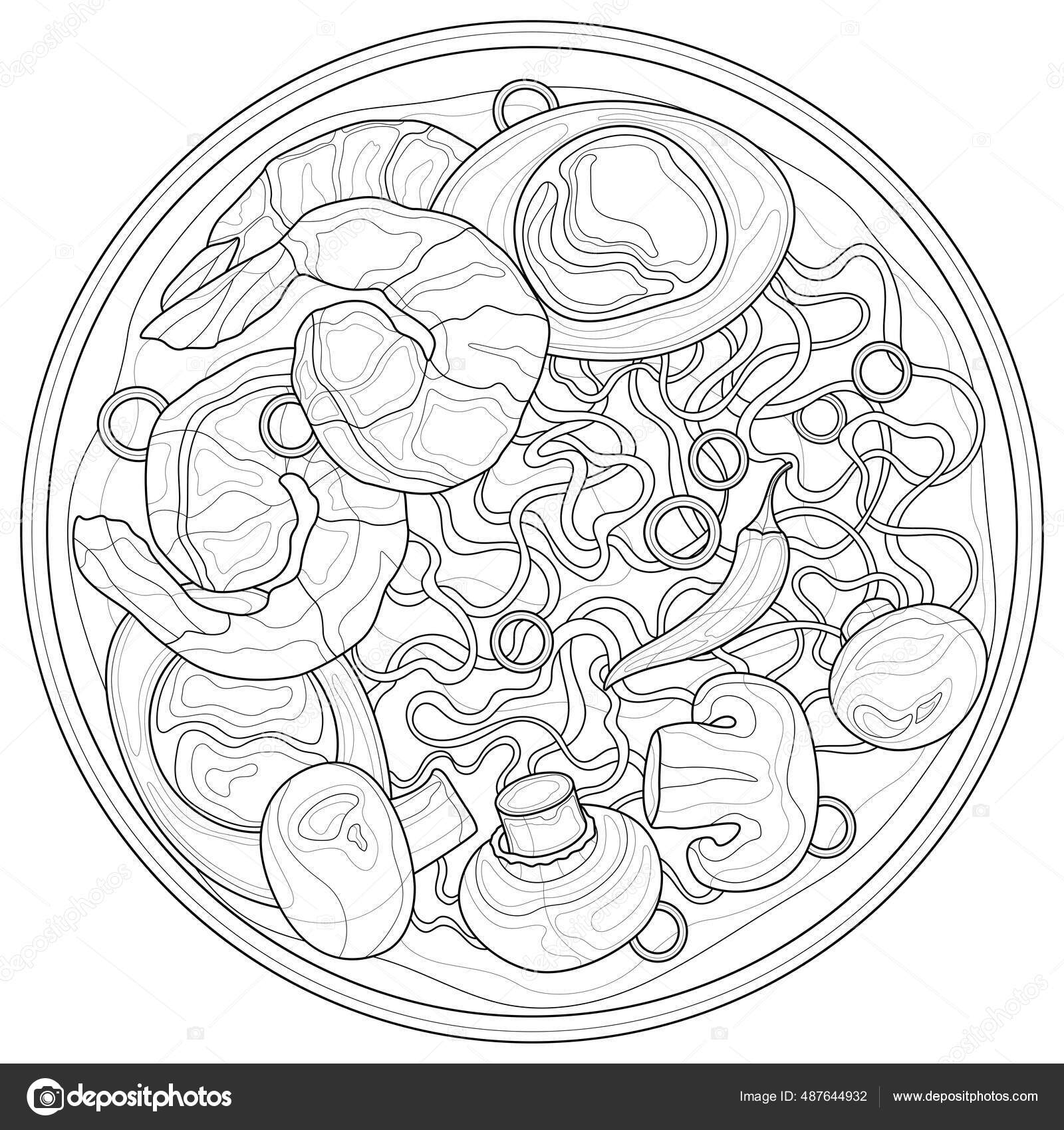 Soup noodles shrimps mushrooms egg coloring book antistress children adults stock vector by vlasenkoekaterinkagmail