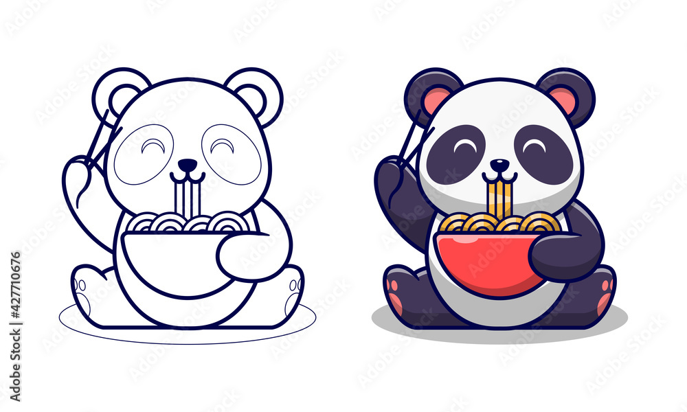 Cute panda eating ramen noodles cartoon coloring pages for kids vector