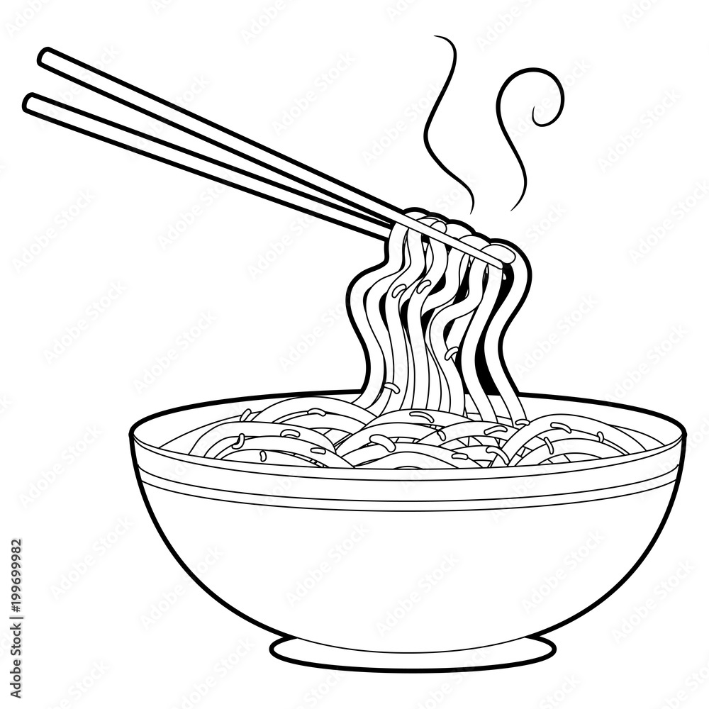 Coloring book outlined noodles soup with chopsticks vector