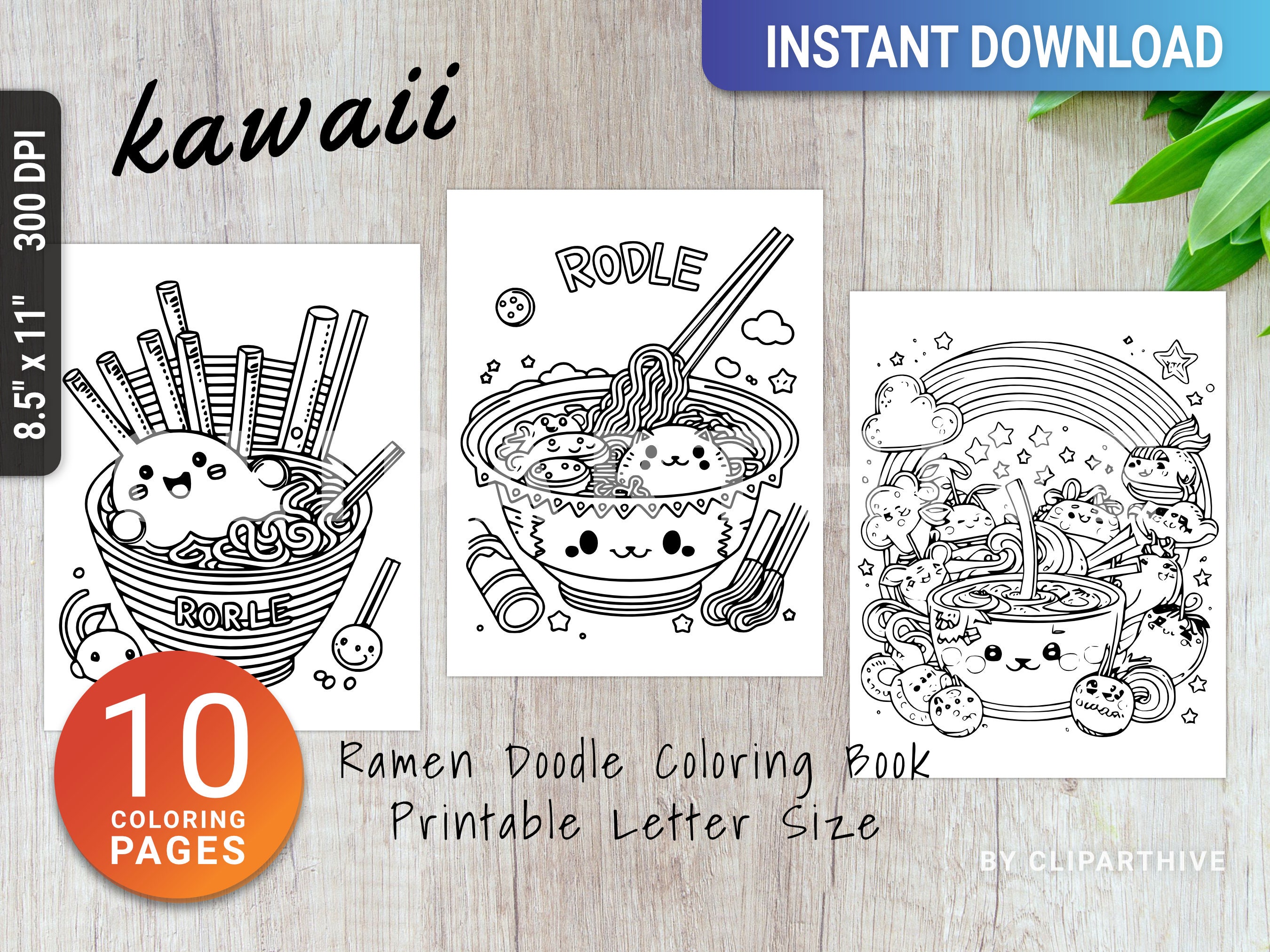 Doodle coloring page cute ramen printable kid adult colouring book