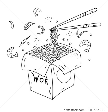 Coloring page asian food box with noodles