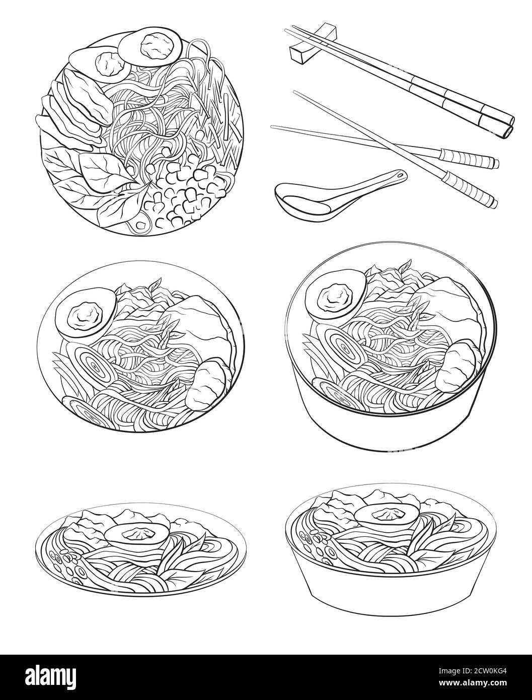 Contour black and white cartoon illustration of ramen in different angles noodles vector element for the menu card coloring pages and your creati stock vector image art