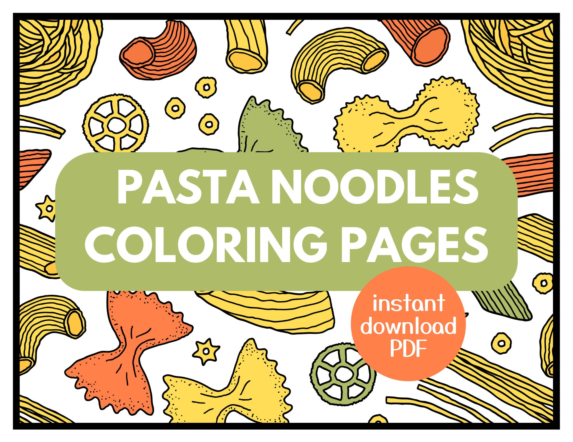 Pasta noodles coloring page printable digital download for instant printing pasta theme boredom buster