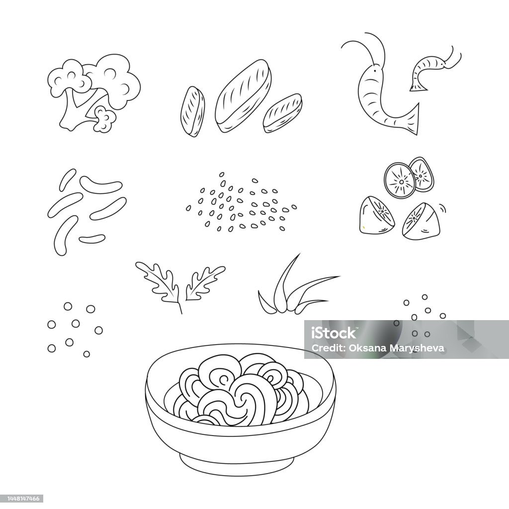 Coloring page asian food plate for noodles shrimp beans fish greens vector illustration stock illustration