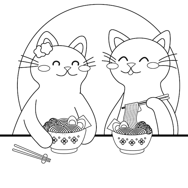 Premium vector cute cartoon cats eat ramen noodles japanese food coloring page