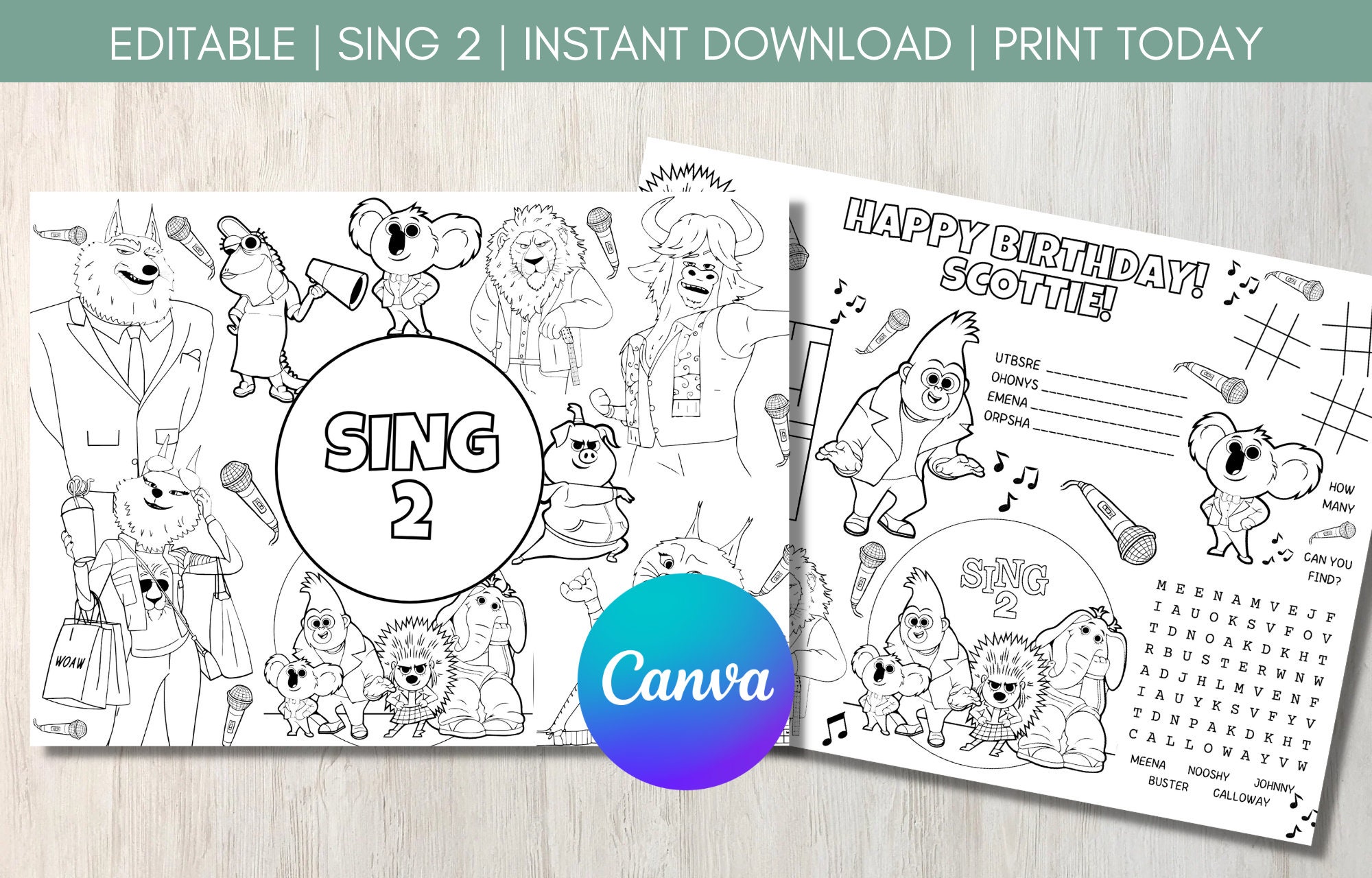 Editable sing activity sheet sing coloring sheet sing birthday party games sing party favors digital file