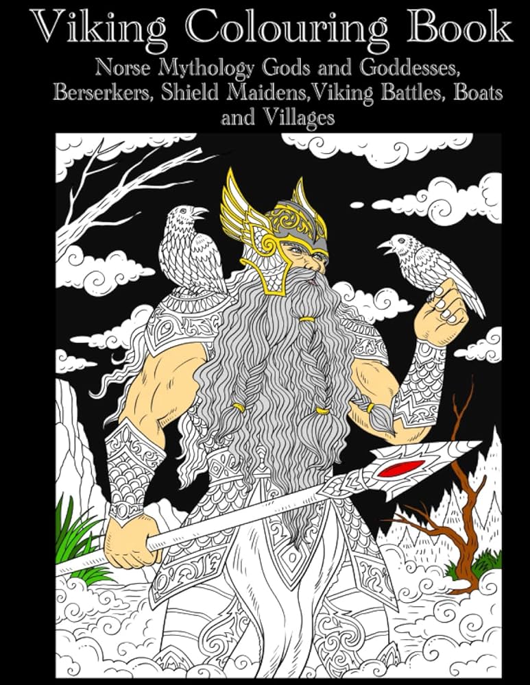 Viking coloring book norse mythology gods and goddess berserkers viking battles shield maidens boats and villages adult coloring pages mythil fantasies books