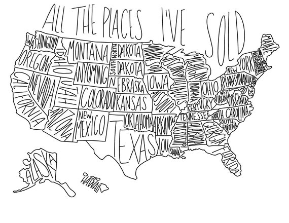 Digital download united states of america map all the places i have sold map small business map coloring sheet map where i have sold