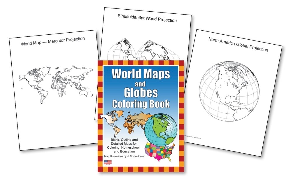 World maps and globes printable pdf coloring book blank outline projection maps and globes