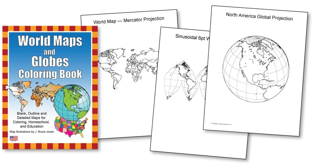 World maps and globes printable pdf coloring book blank outline projection maps and globes