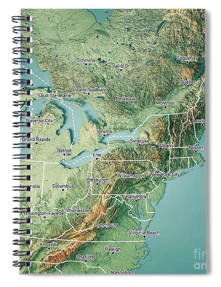 North east region usa d render topographic map color border cit spiral notebook by frank ramspott