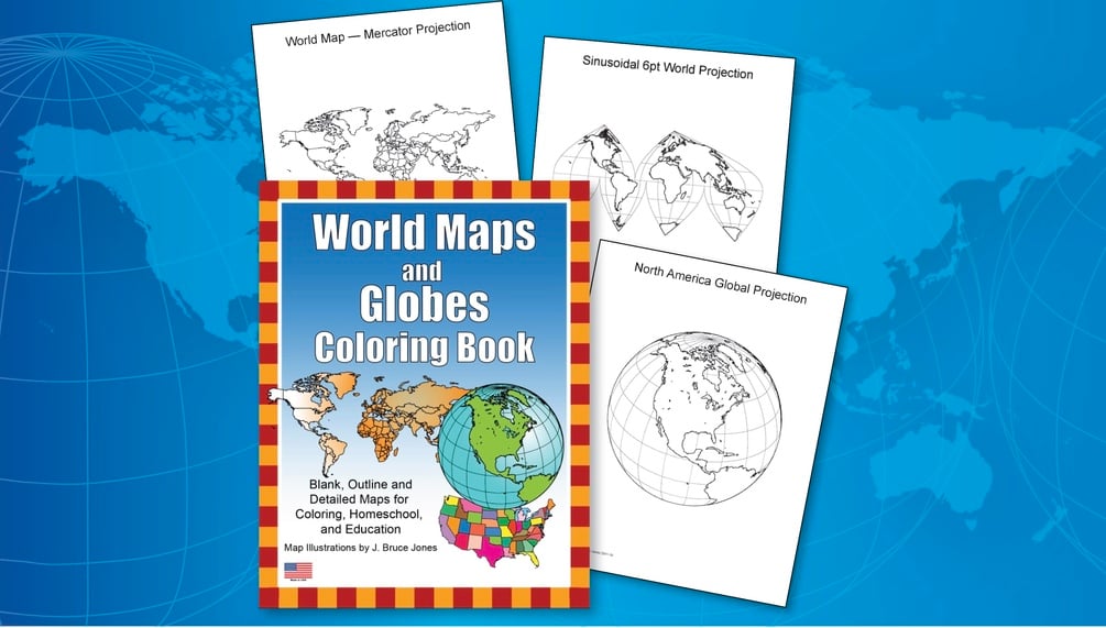 World maps and globes printable pdf coloring book blank outline projection maps and globes