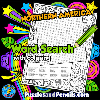 Northern america word search puzzle activity page with coloring tpt