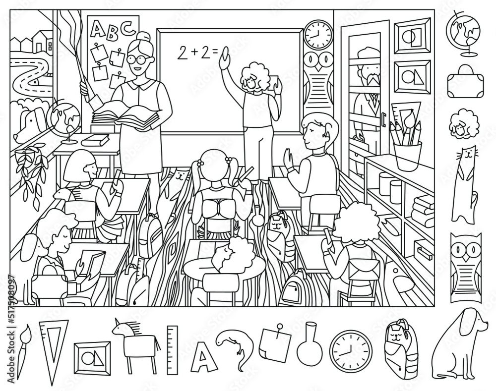 Teacher with children in class find and color hidden objects in the picture coloring page puzzle hidden items lesson in school classroom funny cartoon character sketch vector illustration vector