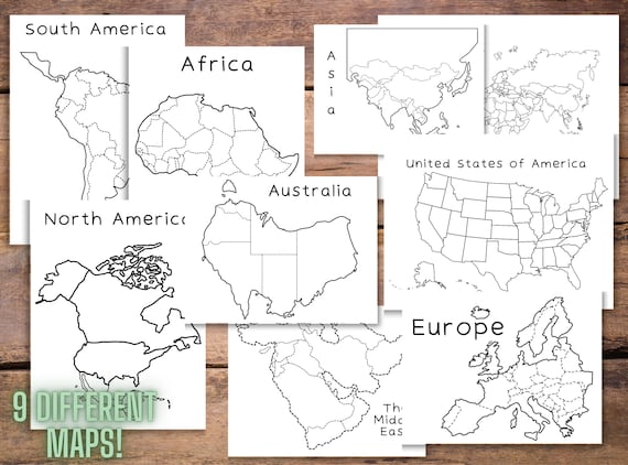 World map giant coloring pages bundle countries of the world continents work sheet africa map asia map australia map south america instant download