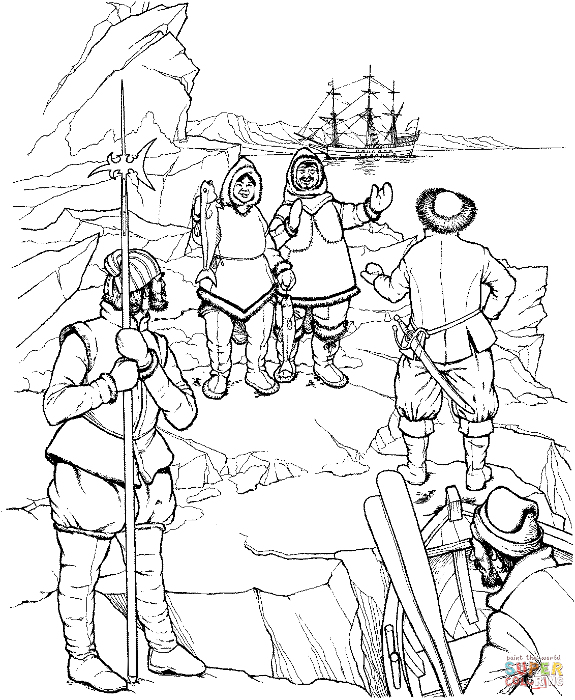 Eskimo meets first explorers of north america coloring page free printable coloring pages