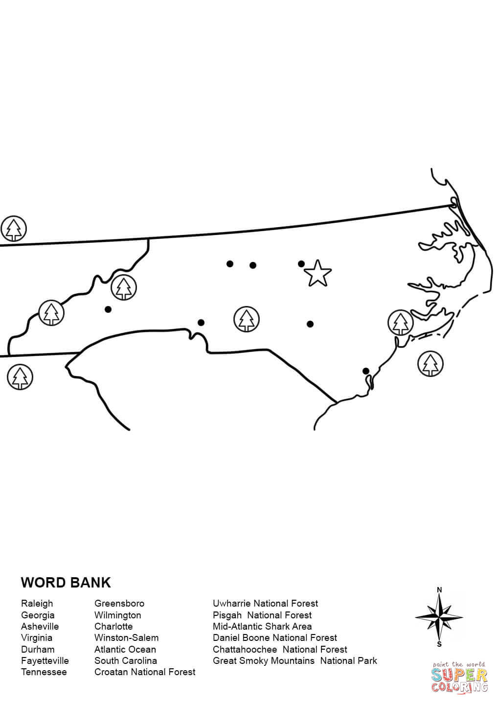 North carolina map worksheet coloring page free printable coloring pages