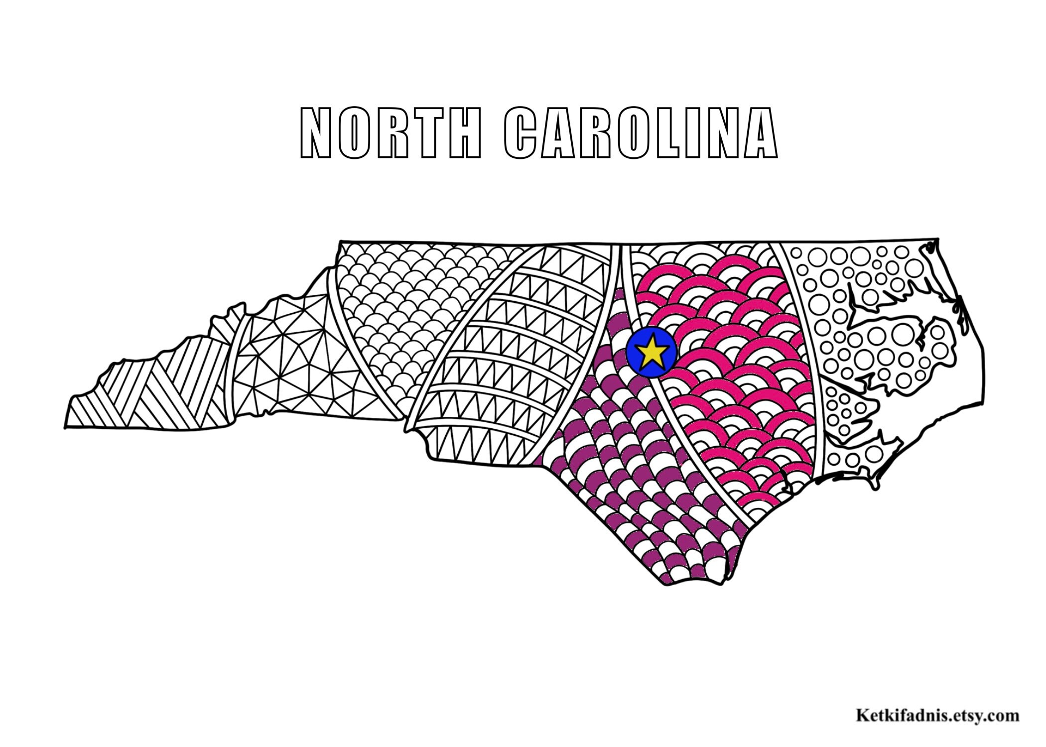 North carolina map colouring page digital download pdf zentangle colouring page