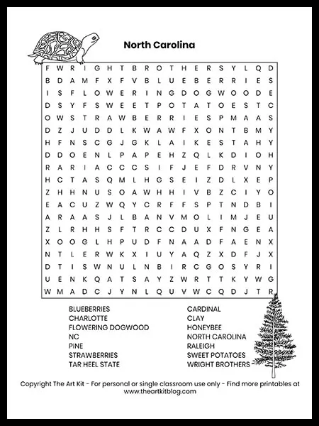 North carolina word search coloring page free printable download â the art kit