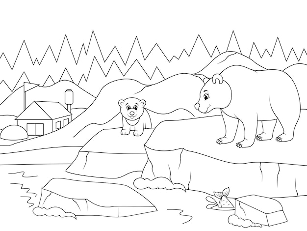Premium vector a family of polar bears at the north pole mom and child landscape vector page for printable children coloring book